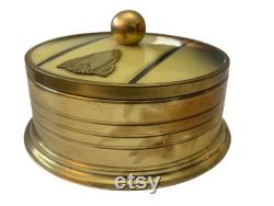 Vintage Art Deco Powder Box Canister Enamel Gold Metal Lid Vanity Piece Yellow 10
