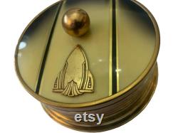 Vintage Art Deco Powder Box Canister Enamel Gold Metal Lid Vanity Piece Yellow 10