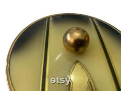 Vintage Art Deco Powder Box Canister Enamel Gold Metal Lid Vanity Piece Yellow 10
