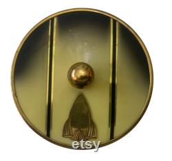 Vintage Art Deco Powder Box Canister Enamel Gold Metal Lid Vanity Piece Yellow 10