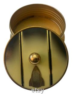 Vintage Art Deco Powder Box Canister Enamel Gold Metal Lid Vanity Piece Yellow 10