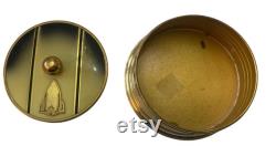 Vintage Art Deco Powder Box Canister Enamel Gold Metal Lid Vanity Piece Yellow 10