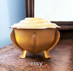 Vintage Art Deco Powder Jar Frosted Yellow Glass Footed Base and Celluloid Lid with Raised Black Design circa 1930s Vanity Jar