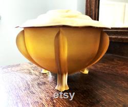Vintage Art Deco Powder Jar Frosted Yellow Glass Footed Base and Celluloid Lid with Raised Black Design circa 1930s Vanity Jar