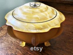 Vintage Art Deco Powder Jar Frosted Yellow Glass Footed Base and Celluloid Lid with Raised Black Design circa 1930s Vanity Jar