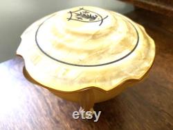 Vintage Art Deco Powder Jar Frosted Yellow Glass Footed Base and Celluloid Lid with Raised Black Design circa 1930s Vanity Jar