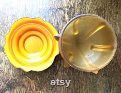 Vintage Art Deco Powder Jar Frosted Yellow Glass Footed Base and Celluloid Lid with Raised Black Design circa 1930s Vanity Jar