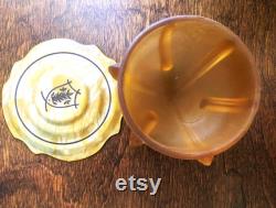 Vintage Art Deco Powder Jar Frosted Yellow Glass Footed Base and Celluloid Lid with Raised Black Design circa 1930s Vanity Jar