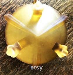 Vintage Art Deco Powder Jar Frosted Yellow Glass Footed Base and Celluloid Lid with Raised Black Design circa 1930s Vanity Jar
