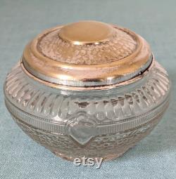 Vintage Art Deco Pressed Glass Powder Jar Dresser Jar with Hammered Metal Lid