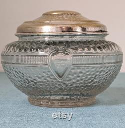 Vintage Art Deco Pressed Glass Powder Jar Dresser Jar with Hammered Metal Lid
