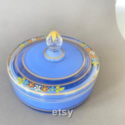 Vintage Art Deco Reverse Painted Glass Dresser Box Blue with Flowers Vanity Jar Round Dish with Lid 1930s