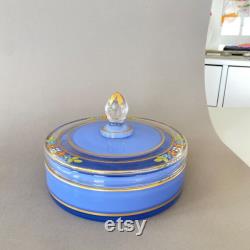 Vintage Art Deco Reverse Painted Glass Dresser Box Blue with Flowers Vanity Jar Round Dish with Lid 1930s