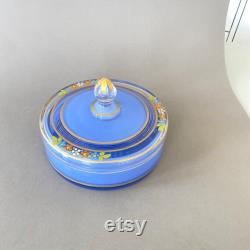 Vintage Art Deco Reverse Painted Glass Dresser Box Blue with Flowers Vanity Jar Round Dish with Lid 1930s