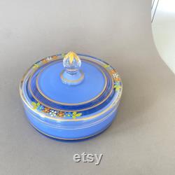 Vintage Art Deco Reverse Painted Glass Dresser Box Blue with Flowers Vanity Jar Round Dish with Lid 1930s