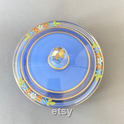 Vintage Art Deco Reverse Painted Glass Dresser Box Blue with Flowers Vanity Jar Round Dish with Lid 1930s
