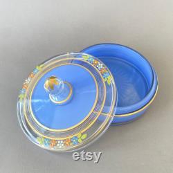 Vintage Art Deco Reverse Painted Glass Dresser Box Blue with Flowers Vanity Jar Round Dish with Lid 1930s