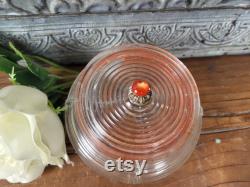 Vintage Art Deco Ribbed Round Powder Jar Red Lid With Red Gem