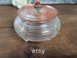 Vintage Art Deco Ribbed Round Powder Jar Red Lid With Red Gem