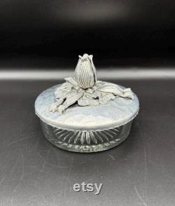 Vintage Art Deco Rodney Kent Covered Glass Dish, Star Burst Design with Hand Wrought Hammered Aluminum Tulip, Ribbon and Bow