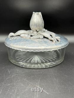 Vintage Art Deco Rodney Kent Covered Glass Dish, Star Burst Design with Hand Wrought Hammered Aluminum Tulip, Ribbon and Bow