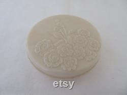 Vintage Art Deco Round Ivory Urea Formaldehyde Early Plastic Powder Trinket Box with Moulded Floral Flower Design 1930's Rare Colour