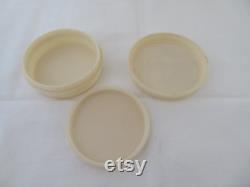 Vintage Art Deco Round Ivory Urea Formaldehyde Early Plastic Powder Trinket Box with Moulded Floral Flower Design 1930's Rare Colour