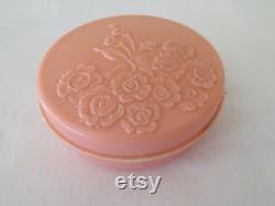 Vintage Art Deco Round Pink Urea Formaldehyde Early Plastic Powder Trinket Box with Moulded Floral Flower Design 1930's Two Available