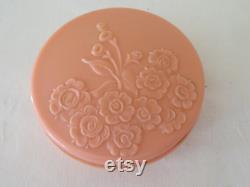 Vintage Art Deco Round Pink Urea Formaldehyde Early Plastic Powder Trinket Box with Moulded Floral Flower Design 1930's Two Available