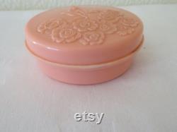 Vintage Art Deco Round Pink Urea Formaldehyde Early Plastic Powder Trinket Box with Moulded Floral Flower Design 1930's Two Available