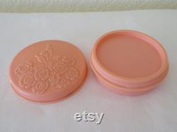 Vintage Art Deco Round Pink Urea Formaldehyde Early Plastic Powder Trinket Box with Moulded Floral Flower Design 1930's Two Available