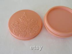 Vintage Art Deco Round Pink Urea Formaldehyde Early Plastic Powder Trinket Box with Moulded Floral Flower Design 1930's Two Available