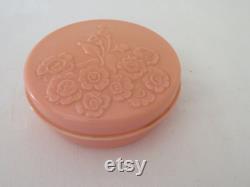 Vintage Art Deco Round Pink Urea Formaldehyde Early Plastic Powder Trinket Box with Moulded Floral Flower Design 1930's Two Available