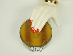 Vintage Art Deco Round Pressed Glass Powder Trinket Box and Metal Tin Flowered Gold Brown Lid Vanity Bath Dresser Desk Decor