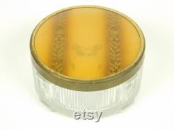 Vintage Art Deco Round Pressed Glass Powder Trinket Box and Metal Tin Flowered Gold Brown Lid Vanity Bath Dresser Desk Decor