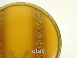 Vintage Art Deco Round Pressed Glass Powder Trinket Box and Metal Tin Flowered Gold Brown Lid Vanity Bath Dresser Desk Decor