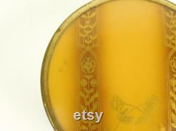 Vintage Art Deco Round Pressed Glass Powder Trinket Box and Metal Tin Flowered Gold Brown Lid Vanity Bath Dresser Desk Decor