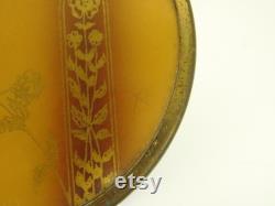 Vintage Art Deco Round Pressed Glass Powder Trinket Box and Metal Tin Flowered Gold Brown Lid Vanity Bath Dresser Desk Decor