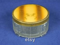 Vintage Art Deco Round Pressed Glass Powder Trinket Box and Metal Tin Flowered Gold Brown Lid Vanity Bath Dresser Desk Decor