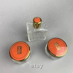 Vintage Art Deco Vanity Jars and Bottle with Orange Celluloid Lids Set of 3 Glass 1930s