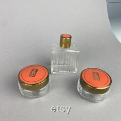 Vintage Art Deco Vanity Jars and Bottle with Orange Celluloid Lids Set of 3 Glass 1930s