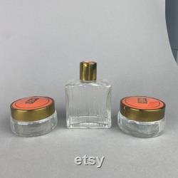 Vintage Art Deco Vanity Jars and Bottle with Orange Celluloid Lids Set of 3 Glass 1930s