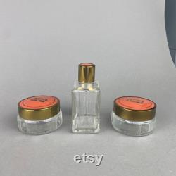 Vintage Art Deco Vanity Jars and Bottle with Orange Celluloid Lids Set of 3 Glass 1930s