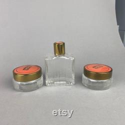 Vintage Art Deco Vanity Jars and Bottle with Orange Celluloid Lids Set of 3 Glass 1930s