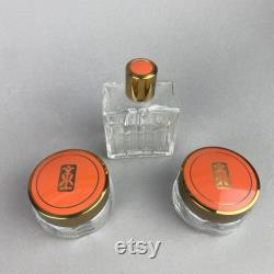 Vintage Art Deco Vanity Jars and Bottle with Orange Celluloid Lids Set of 3 Glass 1930s