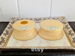 Vintage Art Deco Vanity Set, Powder Jar and Hair Receiver, Pale Yellow and Blue Floral Vintage Vanity Storage Dresser Decor Vintage Makeup
