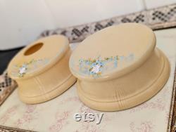 Vintage Art Deco Vanity Set, Powder Jar and Hair Receiver, Pale Yellow and Blue Floral Vintage Vanity Storage Dresser Decor Vintage Makeup