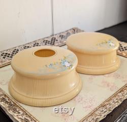 Vintage Art Deco Vanity Set, Powder Jar and Hair Receiver, Pale Yellow and Blue Floral Vintage Vanity Storage Dresser Decor Vintage Makeup