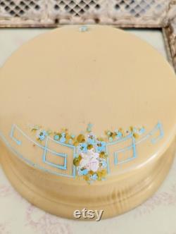 Vintage Art Deco Vanity Set, Powder Jar and Hair Receiver, Pale Yellow and Blue Floral Vintage Vanity Storage Dresser Decor Vintage Makeup