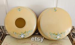 Vintage Art Deco Vanity Set, Powder Jar and Hair Receiver, Pale Yellow and Blue Floral Vintage Vanity Storage Dresser Decor Vintage Makeup
